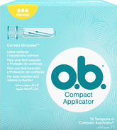 Imagem de uma embalagem de o.b.® Compact Normal com Aplicador. O produto tem três gotículas, que indicam que é recomendado para fluxo moderado.