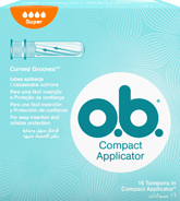 Imagem de uma embalagem de o.b.® Compact Super com Aplicador. O produto tem quatro gotículas, que indicam que é recomendado para os dias de fluxo moderado a abundante.