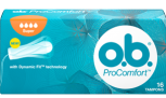 Imagem de uma embalagem de o.b.® ProComfort™ Super. O produto tem quatro gotículas, que indicam que é recomendado para os dias de fluxo moderado a abundante.